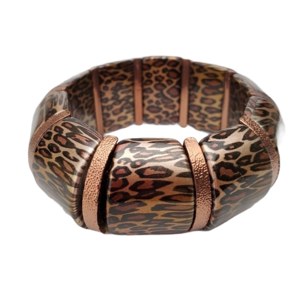 Animal print stretch bracelet chunky brown copper  6" *